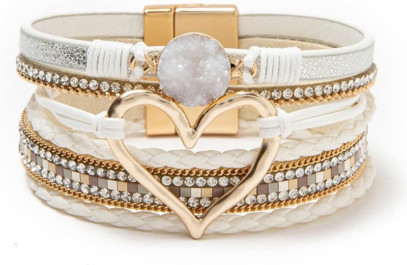 Rantanto Braid Leather Wrap Bracelet Trendy Stackable Crystal Cuff Boho Gold Heart Bracelet Jewelry Gift For Women - Image 1